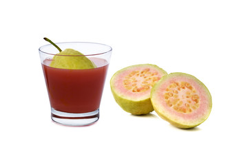 a glass of pink guava juice on white background