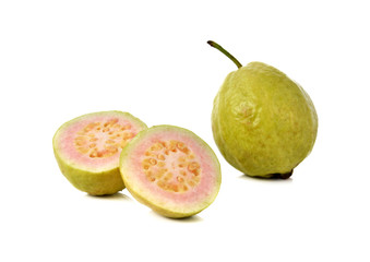 ripe pink guava with stem on white background