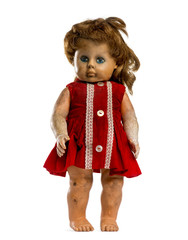Used dressed doll  in front of a white background