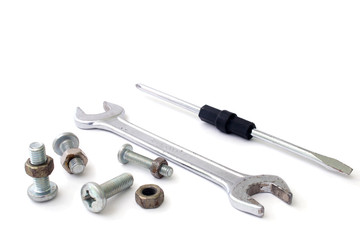 s Screwdriver wrench bolts and screws on a white background
