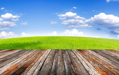 Wood foregroung and landscape of green field under blue sky and