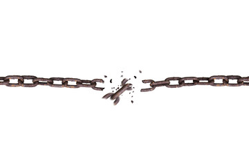 Broken rusty iron chain isolated on white