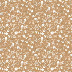 Seamless pattern with fishes and footprints of cat