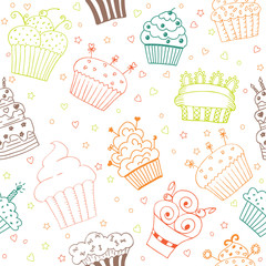 Seamless pattern with hand drawn cupcakes