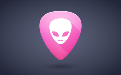 Pink guitar pick icon with an alien face