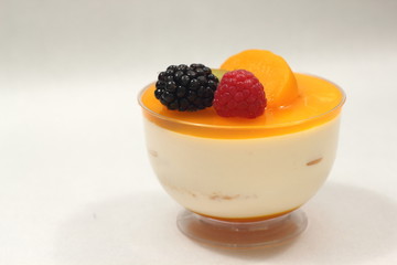  peach mousse in glass, white fresh fruit