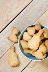 Blue plate with tasty cookies in the form of figurines 