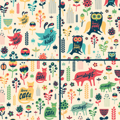 Set of floral seamless patterns with birds and animals.