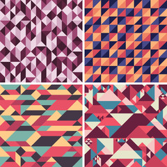 Set of colorful geometric seamless patterns with triangles.