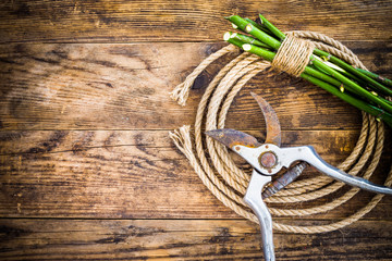 Garden tools and rope on the wooden table.