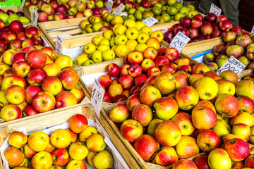 Fresh apples stand at the city market, Krakow, Poland