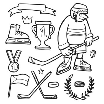 Set of comic hand drawn ice hockey doodle sketches, vector