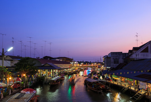 AMPHAWA, THAILAND - Dec 12, 2014: Amphawa market at twilight, fa