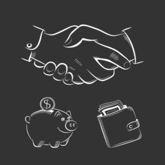 Business and finance sketch icons set on black background