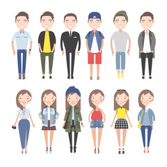 Girls and boys in casual clothes set.