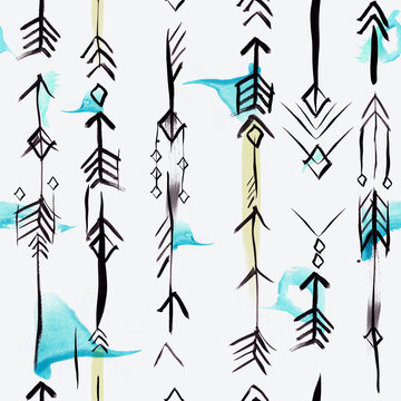 Ethnic arrows seamless pattern with watercolor brushstrokes