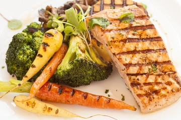 grilled Pacific Coast salmon with grilled vegetables