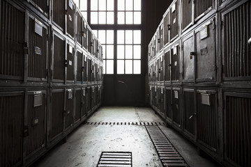 dirty, steel tool cabinets in a factory