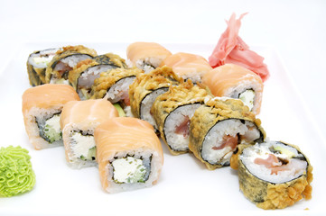 Japanese sushi on a plate on a white background