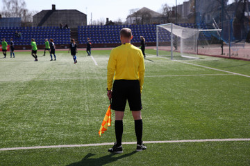 Linesman with flag  on the football field