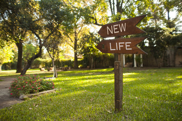 wooden garden sign reading "New Life", pointing down the path