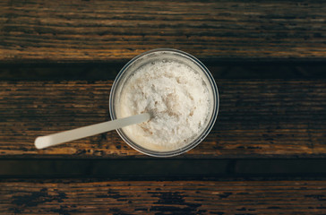 Coffee milkshake on a wooden bench