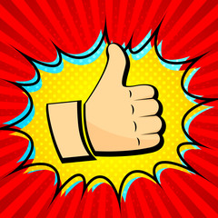 Thumb up icon and red background of radial lines. Pop art, comic