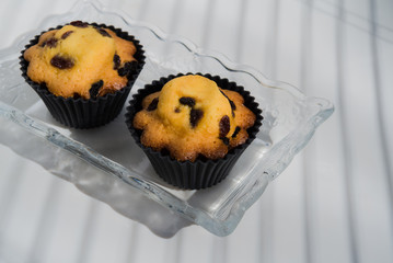 Aerial View two cupcakes on vintage glass plate white background