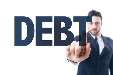 Business man pointing the text: Debt