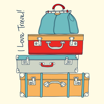 I love travel. Travel concept with vintage suitcases in vector