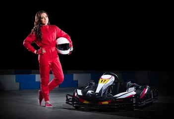 Deurstickers Motorsport Young girl karting racer