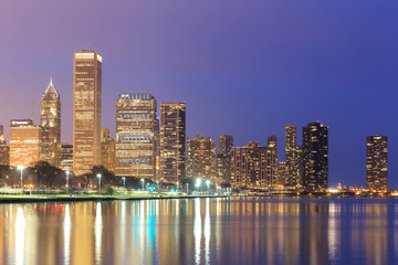 Fototapeta na wymiar Downtown Chicago across Lake Michigan at sunset,USA