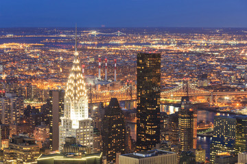 New York City Manhattan aerial view at dusk. - obrazy, fototapety, plakaty