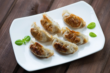 Glass plate with pan fried japanese gyoza dumplings, studio shot