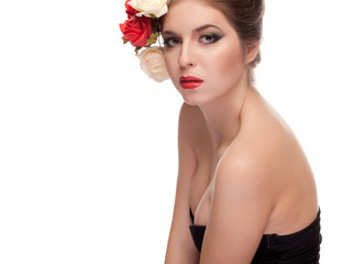 Naklejka na ściany i meble Beautiful girl with red lips and flowers in head