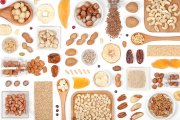 nuts and dried fruits on white background