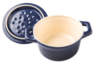Mini blue empty cocotte single pot over white background