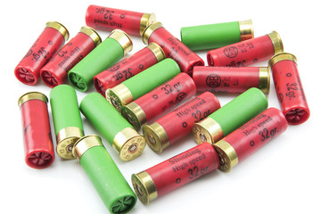 12 gauge shotgun shells isolated on a white background