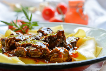 Traditional hungarian beef goulash with pasta