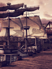 Statek przy drewnianym molo © Obsidian Fantasy