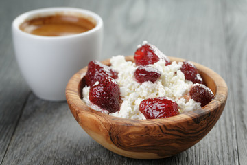 healthy breakfast with espresso and cottage cheese with