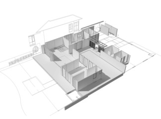 3d illustration of building design concept, architects computer generated visualization in drawing style