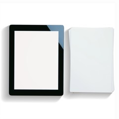 Tablet pc with touch screen and pile of papers on white background