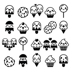 Cute Kawaii food characters - cupcake, ice-cream, cookie