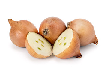 Cuted onion and onions bulbs isolated on white background