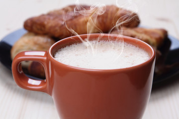 Breakfast croissant and hot cappuccino