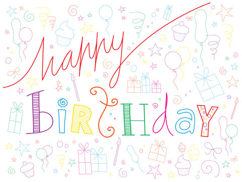HAPPY BIRTHDAY doodle text with party symbols