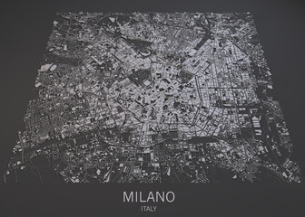 Cartina Milano, vista satellitare, mappa in negativo