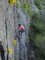 A young girl engaged in rock climbing.