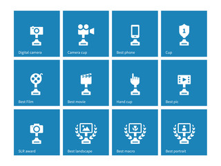 Awards icons on blue background.